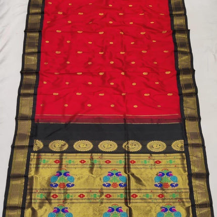Authentic Paithani from Yeola | 100% handwoven Pure Silk saree |Red with Black border|Kadiyal Maharani|Silk Mark Certified