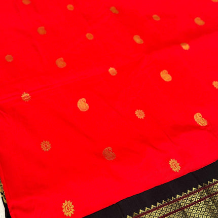 Authentic Paithani from Yeola | 100% handwoven Pure Silk saree |Red with Black border|Kadiyal Maharani|Silk Mark Certified