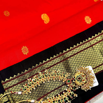 Authentic Paithani from Yeola | 100% handwoven Pure Silk saree |Red with Black border|Kadiyal Maharani|Silk Mark Certified
