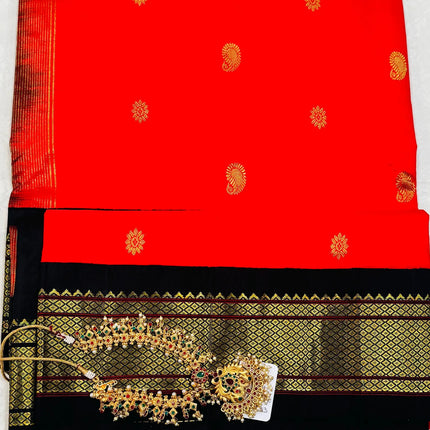 Authentic Paithani from Yeola | 100% handwoven Pure Silk saree |Red with Black border|Kadiyal Maharani|Silk Mark Certified
