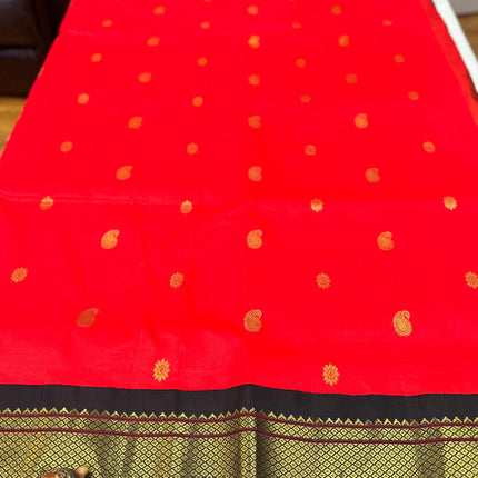 Authentic Paithani from Yeola | 100% handwoven Pure Silk saree |Red with Black border|Kadiyal Maharani|Silk Mark Certified