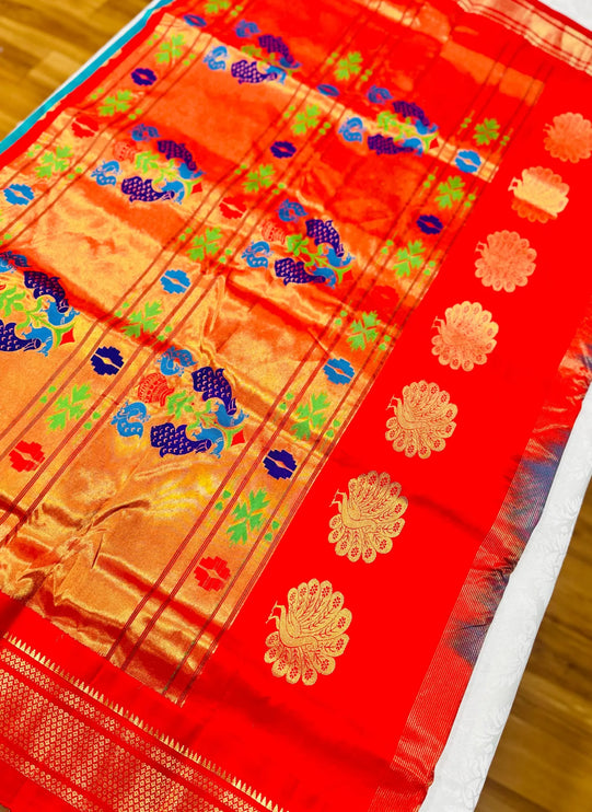 Authentic Paithani from Yeola | 100% handwoven Pure Silk saree |Rama with Red border|Kadiyal  Maharani|Silk Mark Certified