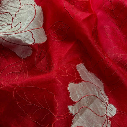 Banarasi Pure Silk Kora Organza- Deep Red Color/ Light gold Zari appliqué Zari motifs/ Silk Mark Certified Handloom