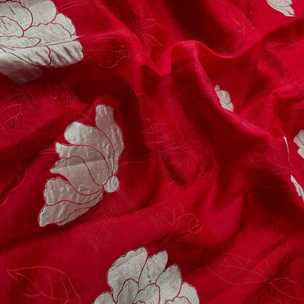 Banarasi Pure Silk Kora Organza- Deep Red Color/ Light gold Zari appliqué Zari motifs/ Silk Mark Certified Handloom
