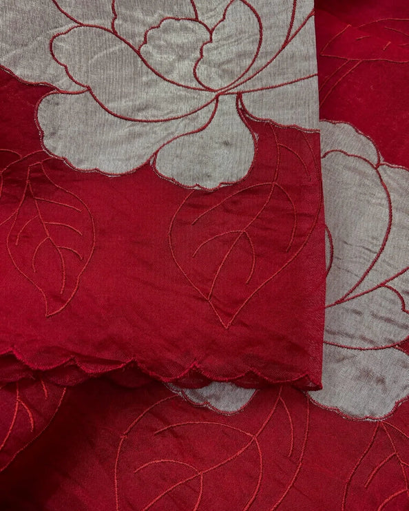 Banarasi Pure Silk Kora Organza- Deep Red Color/ Light gold Zari appliqué Zari motifs/ Silk Mark Certified Handloom