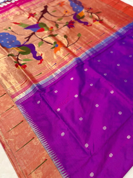 Authentic Single Muniya Border Paithani from Yeola| Pure Silk saree in with Magenta color with Zari Single Muniya Border