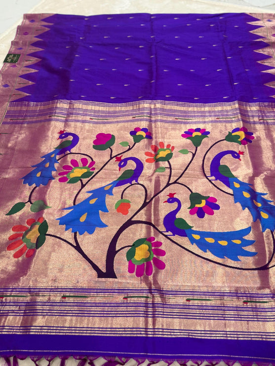 Handwoven Purple Paithani Saree | Silk Mark Certified, Peacocks Motif