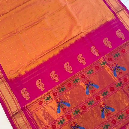 Authentic Maharani Paithani from Yeola| Pure Silk saree in with Yellow Dual tone Rani Pink Border and Pallu |Silk Mark Certified