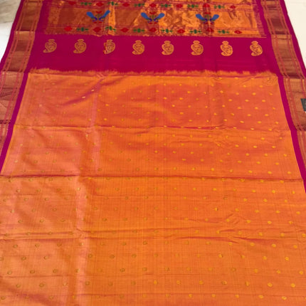 Authentic Maharani Paithani from Yeola| Pure Silk saree in with Yellow Dual tone Rani Pink Border and Pallu |Silk Mark Certified