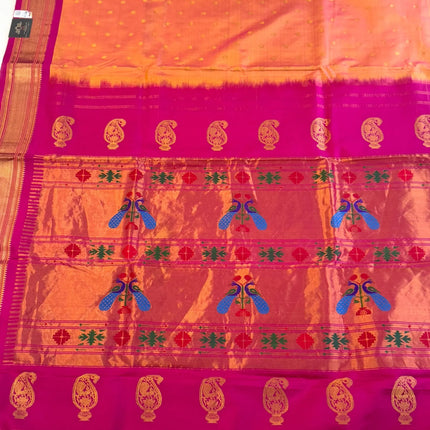 Authentic Maharani Paithani from Yeola| Pure Silk saree in with Yellow Dual tone Rani Pink Border and Pallu |Silk Mark Certified