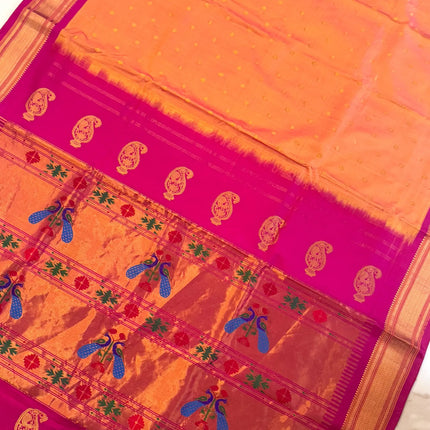 Authentic Maharani Paithani from Yeola| Pure Silk saree in with Yellow Dual tone Rani Pink Border and Pallu |Silk Mark Certified