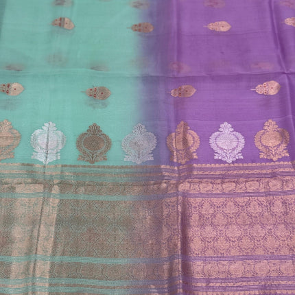 Banarasi Kadhuwa Pure Silk Kora Organza- Mint Color/ Lavender Zari Border/ Silk Mark Certified Handloom