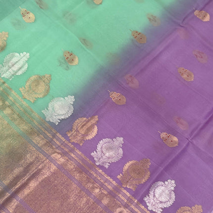 Banarasi Kadhuwa Pure Silk Kora Organza- Mint Color/ Lavender Zari Border/ Silk Mark Certified Handloom