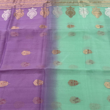 Banarasi Kadhuwa Pure Silk Kora Organza- Mint Color/ Lavender Zari Border/ Silk Mark Certified Handloom