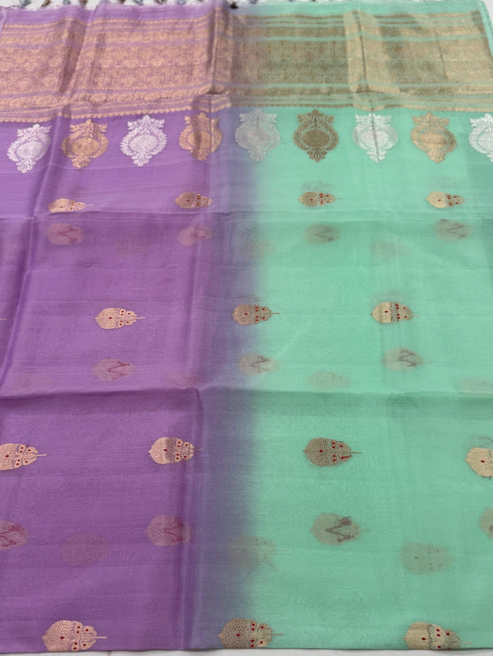 Banarasi Kadhuwa Pure Silk Kora Organza- Mint Color/ Lavender Zari Border/ Silk Mark Certified Handloom