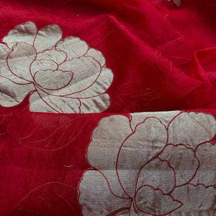 Banarasi Pure Silk Kora Organza- Deep Red Color/ Light gold Zari appliqué Zari motifs/ Silk Mark Certified Handloom