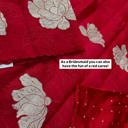 Banarasi Pure Silk Kora Organza- Deep Red Color/ Light gold Zari appliqué Zari motifs/ Silk Mark Certified Handloom