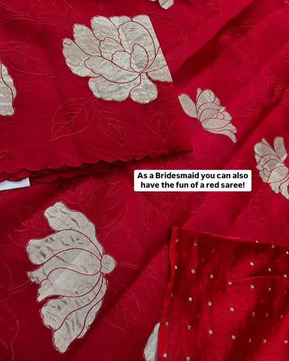 Banarasi Pure Silk Kora Organza- Deep Red Color/ Light gold Zari appliqué Zari motifs/ Silk Mark Certified Handloom