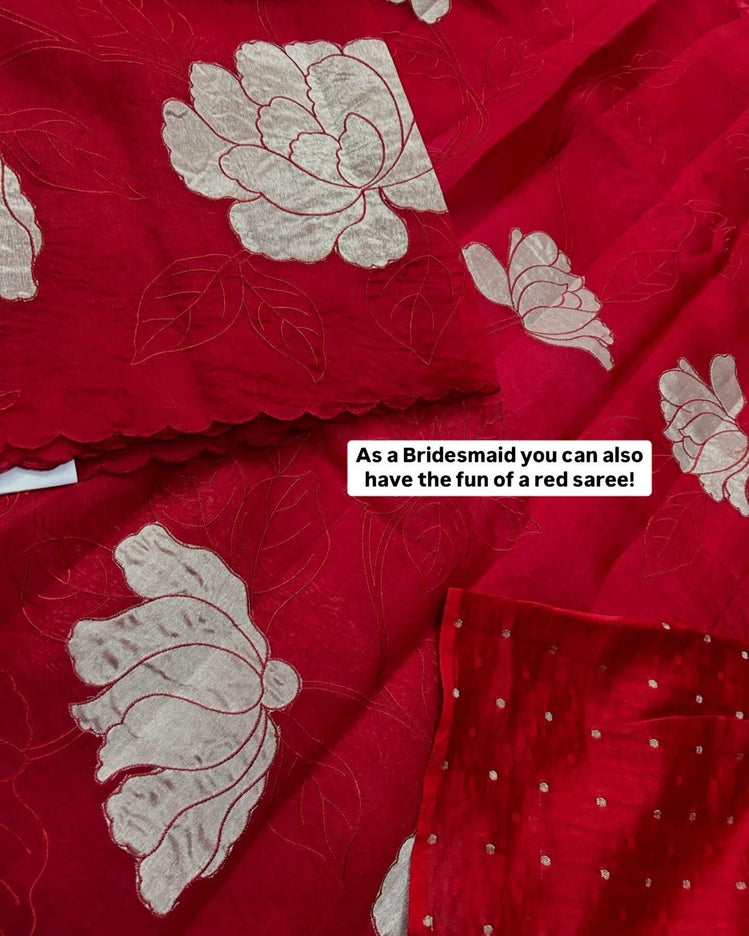 Banarasi Pure Silk Kora Organza- Deep Red Color/ Light gold Zari appliqué Zari motifs/ Silk Mark Certified Handloom