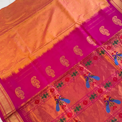 Authentic Maharani Paithani from Yeola| Pure Silk saree in with Yellow Dual tone Rani Pink Border and Pallu |Silk Mark Certified