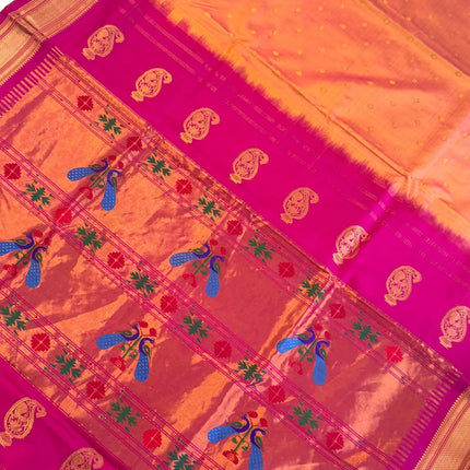 Authentic Maharani Paithani from Yeola| Pure Silk saree in with Yellow Dual tone Rani Pink Border and Pallu |Silk Mark Certified