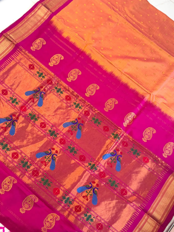 Authentic Maharani Paithani from Yeola| Pure Silk saree in with Yellow Dual tone Rani Pink Border and Pallu |Silk Mark Certified