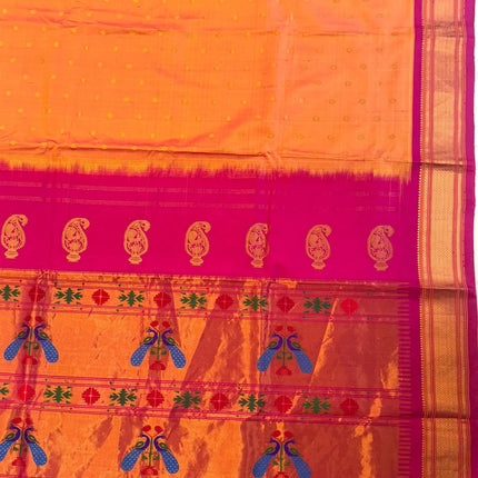 Authentic Maharani Paithani from Yeola| Pure Silk saree in with Yellow Dual tone Rani Pink Border and Pallu |Silk Mark Certified