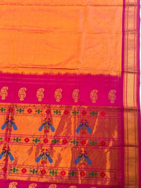 Authentic Maharani Paithani from Yeola| Pure Silk saree in with Yellow Dual tone Rani Pink Border and Pallu |Silk Mark Certified