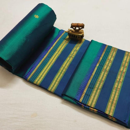 Original Narayan Peth 100% Pure Silk Saree from Yeola, Maharashtra (With Unstitched Blouse Piece) - Green with Blue border