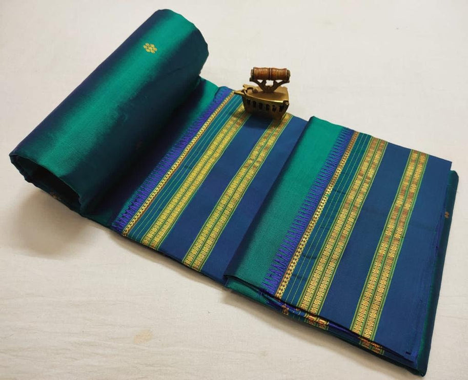 Original Narayan Peth 100% Pure Silk Saree from Yeola, Maharashtra (With Unstitched Blouse Piece) - Green with Blue border