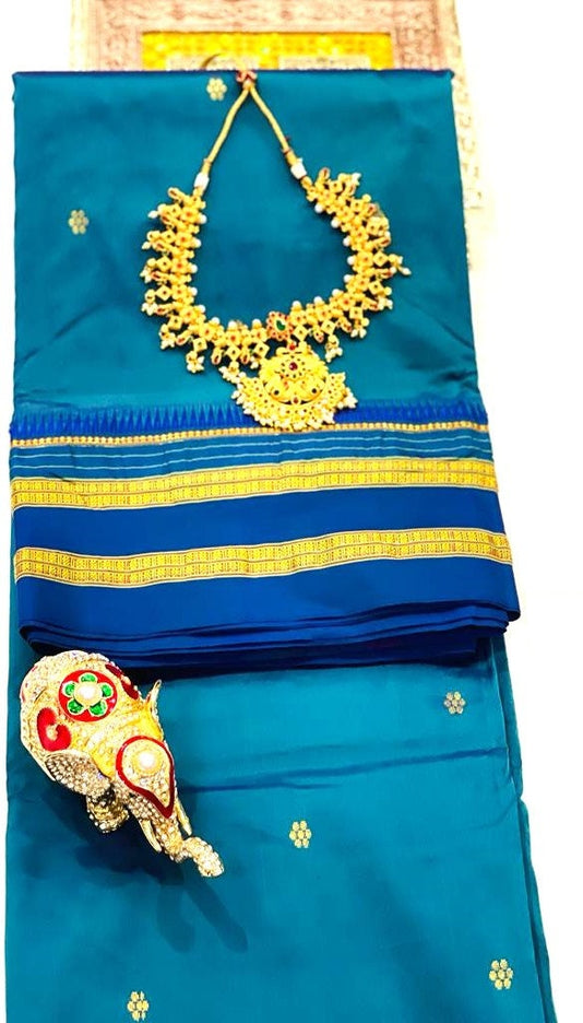 Original Narayan Peth 100% Pure Silk Saree from Yeola, Maharashtra (With Unstitched Blouse Piece) - Green with Blue border