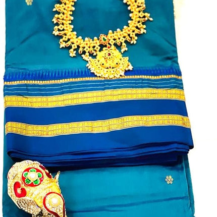 Original Narayan Peth 100% Pure Silk Saree from Yeola, Maharashtra (With Unstitched Blouse Piece) - Green with Blue border