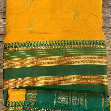 Special Sale!!! Original Narayan Peth 100% pure silk Saree from Yeola - Mango Yellow with green border|Fall Pico Tassels done