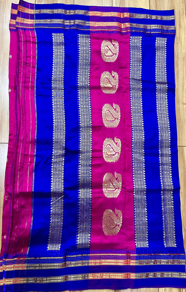 Special Sale!!! Original Narayan Peth 100% pure Silk Saree (With Unstitched Blouse Piece) | Dark Rani Pink |Dark purple border