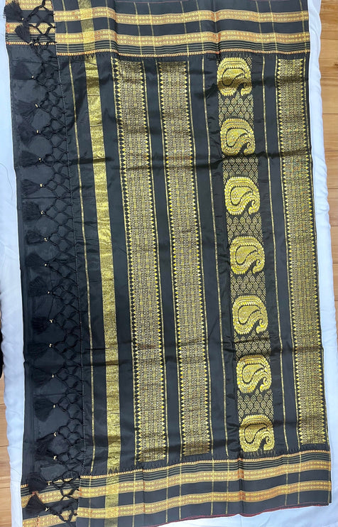 Special Sale !!!|Original Narayan Peth 100% pure silk Saree from Yeola - Black with black border|Fall Pico Tassels done