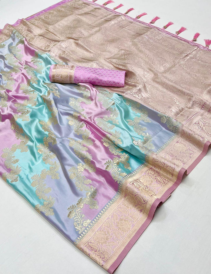 Banarasi satin silk saree with Rangkat handloom weaving all over the saree | paired with satin silk blouse | Pink Powder Blue Gray