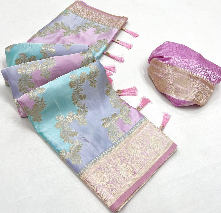 Banarasi satin silk saree with Rangkat handloom weaving all over the saree | paired with satin silk blouse | Pink Powder Blue Gray