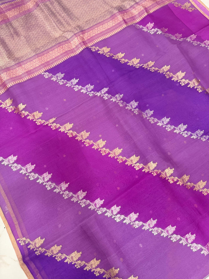 Purple Lilac/ Levendar Banarasi Kora Organza Silk Saree With Rangakat Pattern | SILK MARK CERTIFIED