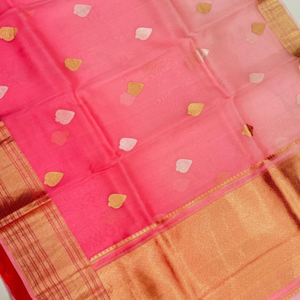 Peach/ Light Peach Banarasi Kora Organza Silk Saree With Motifs Pattern | SILK MARK CERTIFIED