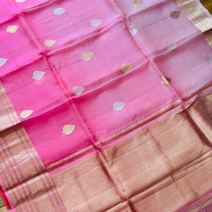 Peach/ Light Peach Banarasi Kora Organza Silk Saree With Motifs Pattern | SILK MARK CERTIFIED