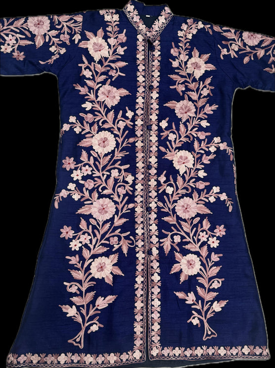 Luxury Kashmiri silk Ladies long Jacket | woven Kashmir Ari work | Statement fashion wear | Kashmir Winter Dresses | size 44