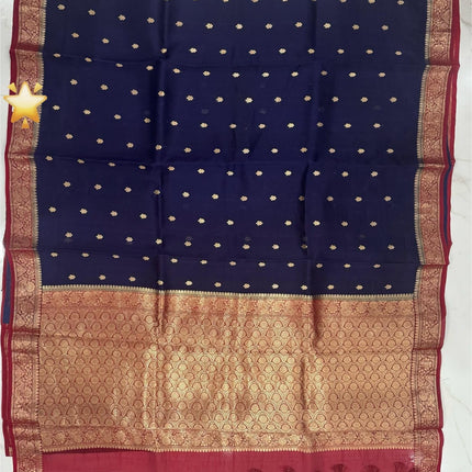 Navy blue/Red border,Pallu Banarasi Kora Organza Silk Saree With Motifs Pattern | SILK MARK CERTIFIED
