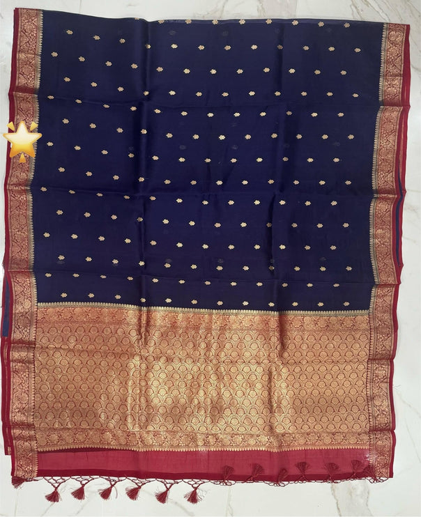 Navy blue/Red border,Pallu Banarasi Kora Organza Silk Saree With Motifs Pattern | SILK MARK CERTIFIED