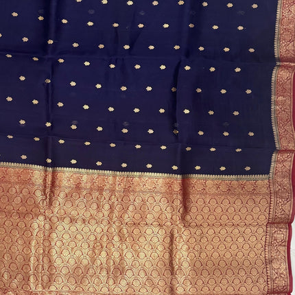 Navy blue/Red border,Pallu Banarasi Kora Organza Silk Saree With Motifs Pattern | SILK MARK CERTIFIED