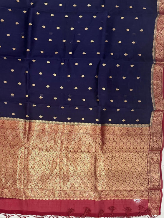 Navy blue/Red border,Pallu Banarasi Kora Organza Silk Saree With Motifs Pattern | SILK MARK CERTIFIED