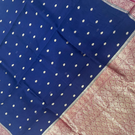 Navy blue/Red border,Pallu Banarasi Kora Organza Silk Saree With Motifs Pattern | SILK MARK CERTIFIED