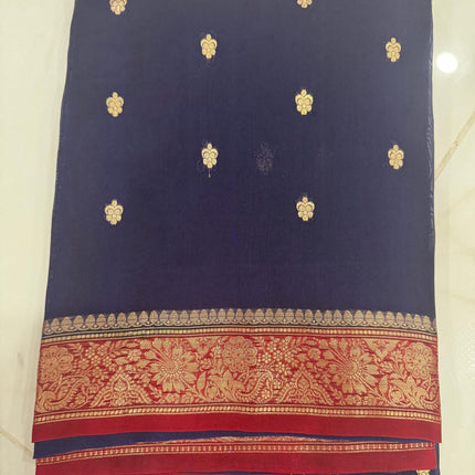 Navy blue/Red border,Pallu Banarasi Kora Organza Silk Saree With Motifs Pattern | SILK MARK CERTIFIED
