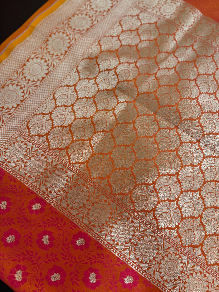 Banarasi Mashroo Silk Light Orange/Pink Saree with Tanchui pattern