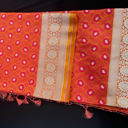 Banarasi Mashroo Silk Light Orange/Pink Saree with Tanchui pattern
