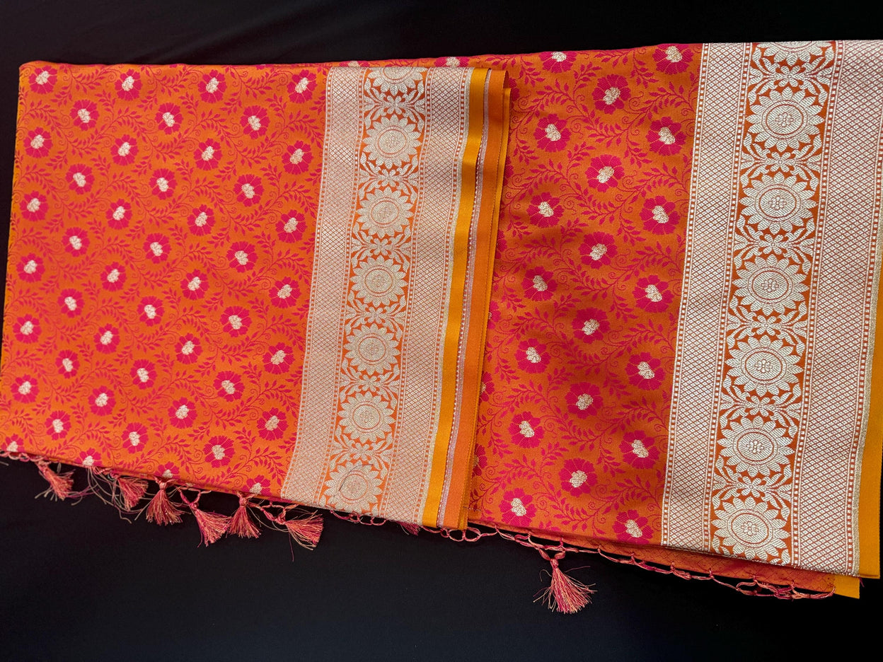 Banarasi Mashroo Silk Light Orange/Pink Saree with Tanchui pattern